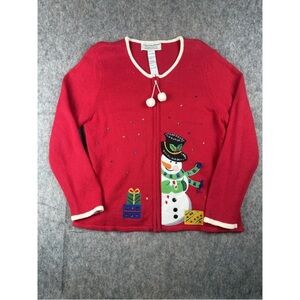 Tiara International Cardigan Sweater Womens Large Red Knit Ugly Christmas Zip Up